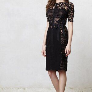 Anthropologie Black Lace Midi Dress with Ribbon Waist